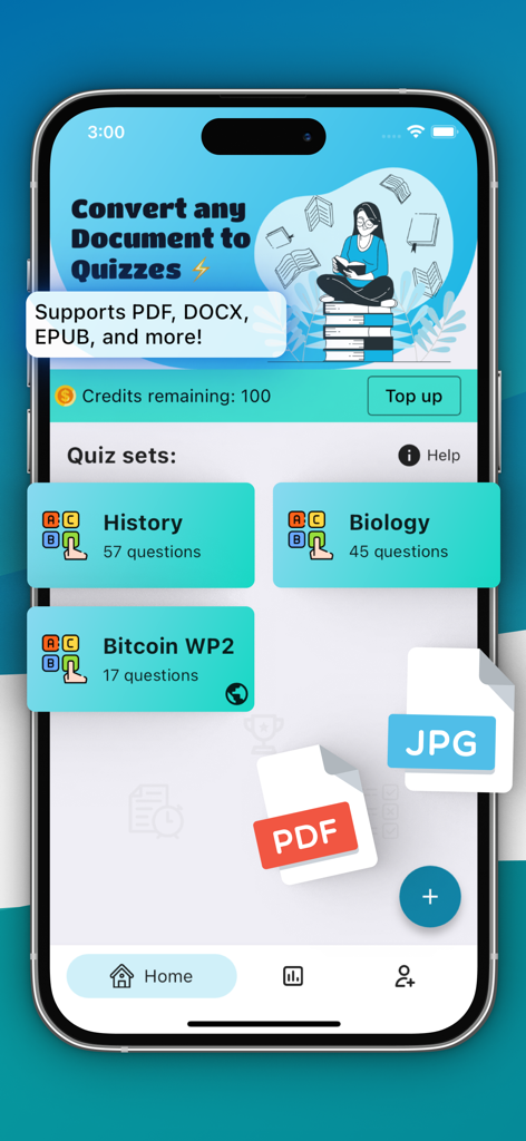 AI Quiz Generator - Quizatic - Home screen of Quizatic app showing the document to quiz conversion feature with subject folders for History and Biology
