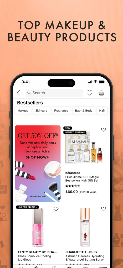 Sephora US: Makeup & Skincare - A screenshot of the Sephora mobile app showing bestselling beauty products and a promotional banner for fifty percent off daily deals.