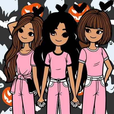three best friends holding hands, one has long, straight hair, the other has short curly hair, and the other has short, straight hair.
