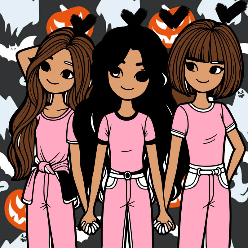 three best friends holding hands, one has long, straight hair, the other has short curly hair, and the other has short, straight hair.