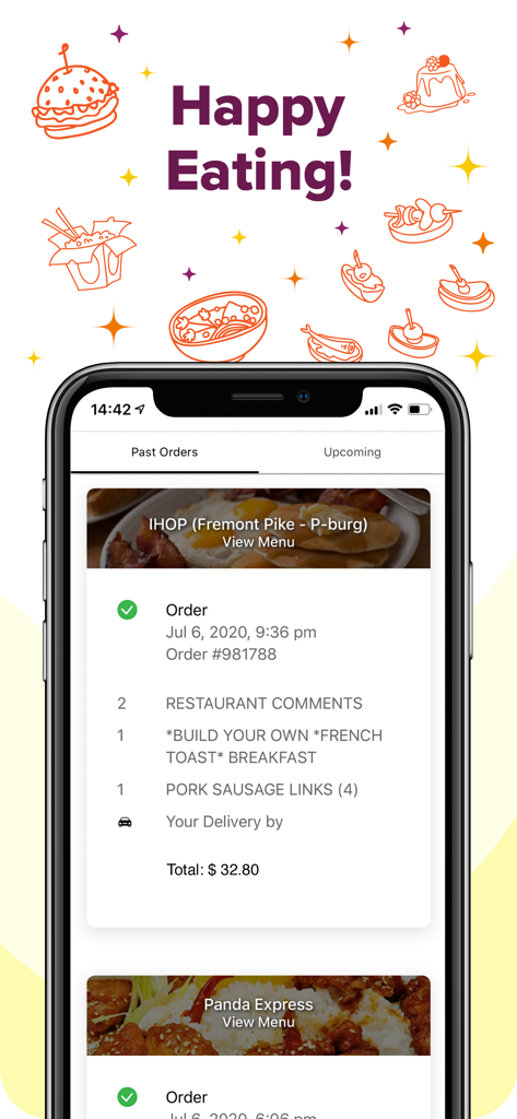 Easy Eats Delivery Service - Easy Eats mobile app screen displaying a list of past food delivery orders including IHOP and Panda Express.