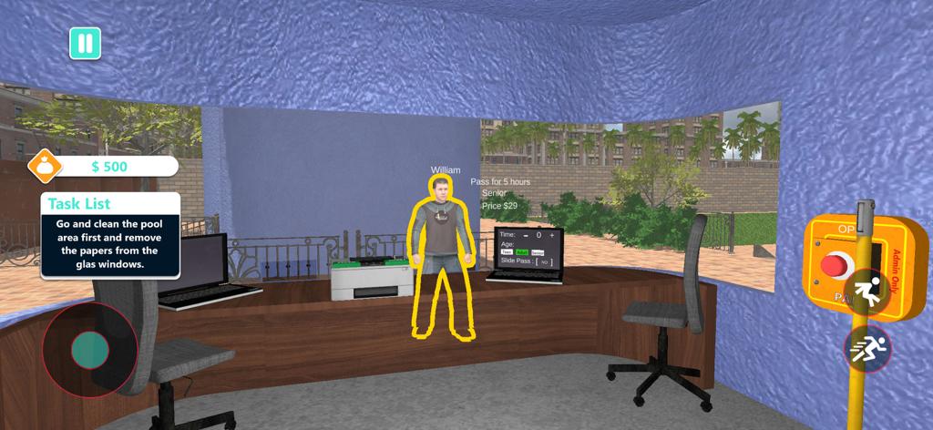 Water Park Supervisor Sim Game - Vista en primera persona de una oficina en el Juego Sim de Gerente de Parque Acuático que muestra una lista de tareas, un personaje llamado William y una pantalla de gestión de entradas.