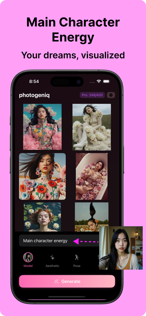 Photogeniq app screen showing AI generated aesthetic portraits and main character energy prompt