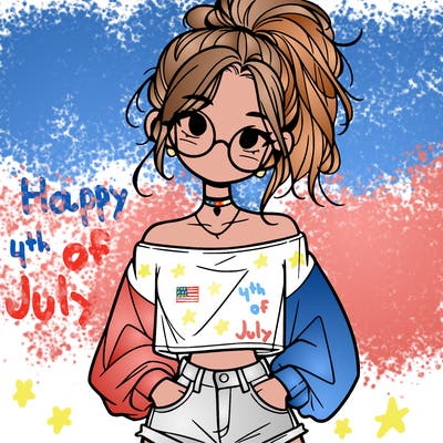 girl with a messy ponytail glasses a baggy crop top and jean shorts