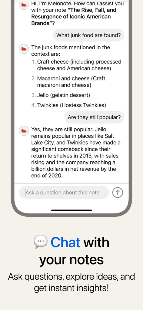 Melonote:AI Voice to Text Note - ユーザーが質問し、保存されたノートに関するインサイトを得るMelonote AIチャット機能を示すモバイルインターフェース。