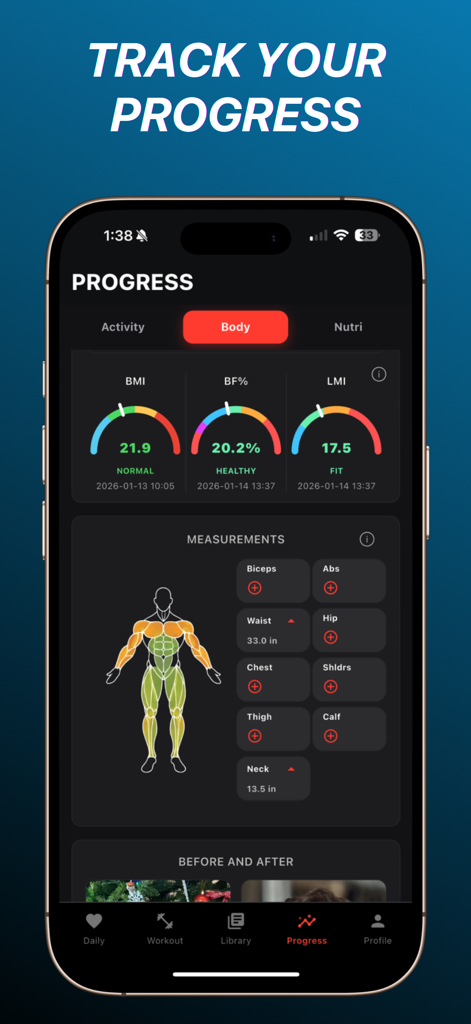 Écran de suivi de progression de l'application FitBeast montrant les mesures de composition corporelle et les mensurations musculaires