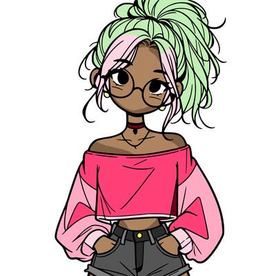 girl with a messy ponytail glasses a baggy crop top and jean shorts