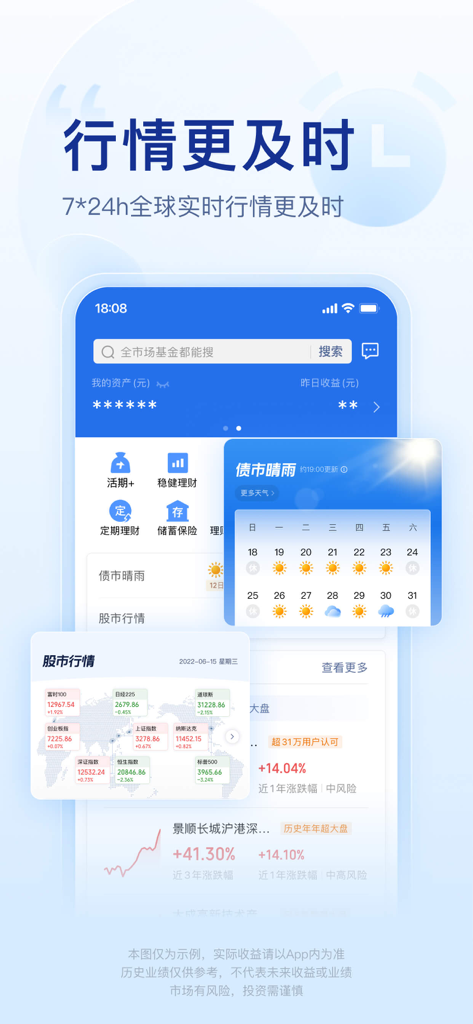 Tencent Licaitong financial app interface showcasing 24/7 global real-time market data and stock indices.