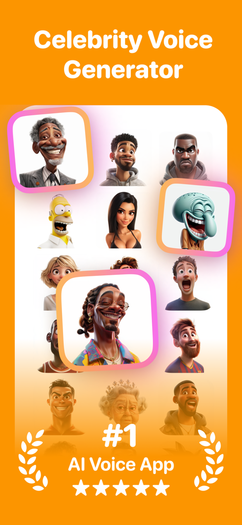 Promotional screen of the Parrot AI app showing a selection of celebrity cartoon avatars for voice generation