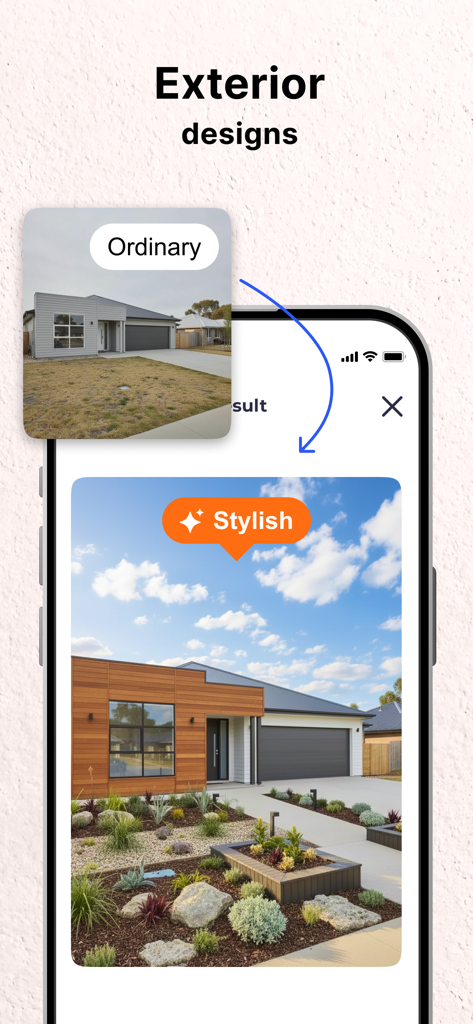 Magic App: AI Interior Design - Before and after comparison of a house exterior and landscape redesign using AI
