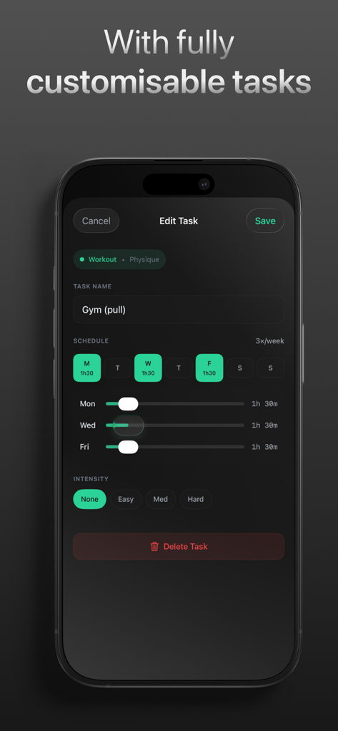 CTRL - Self Improvement OS - Interface of the CTRL app showing a screen to edit and customise a gym task with schedule and intensity options
