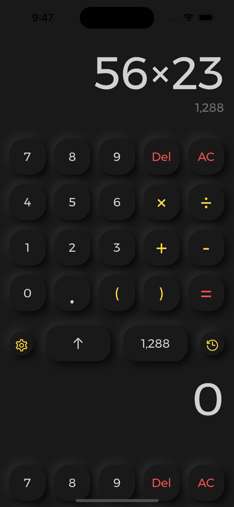 Screenshot of Calculator 5 app showing two calculators on a single screen with a dark theme