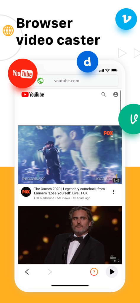 Chromecaster: Get Streaming TV - Interface do aplicativo Chromecaster mostrando o recurso de transmissão de vídeo do navegador com ícones do YouTube e outros vídeos