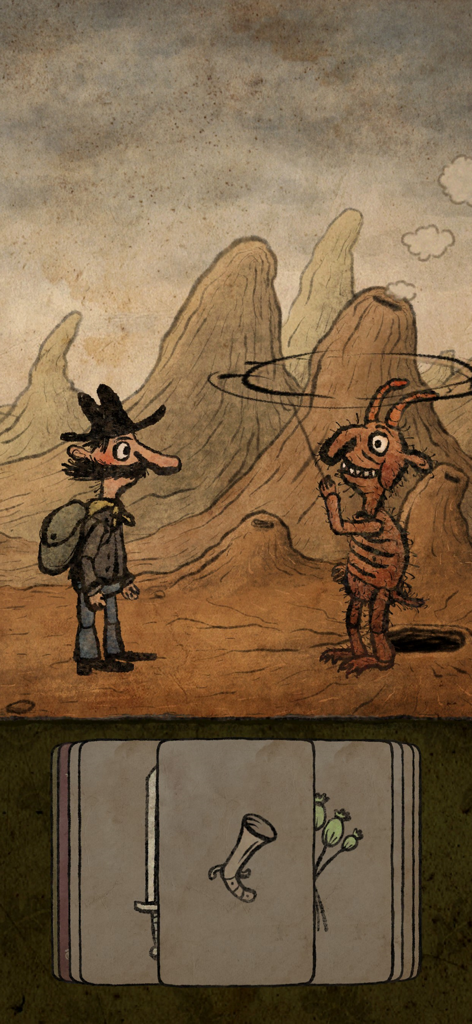 Pilgrims - A hand-drawn scene from the game Pilgrims featuring a traveler meeting a small horned creature in a rocky landscape with a card interface at the bottom.