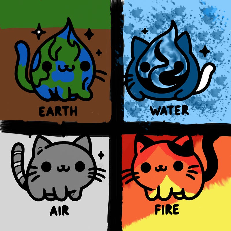 4 cats that represent the different elements, earth, water, air, and fire