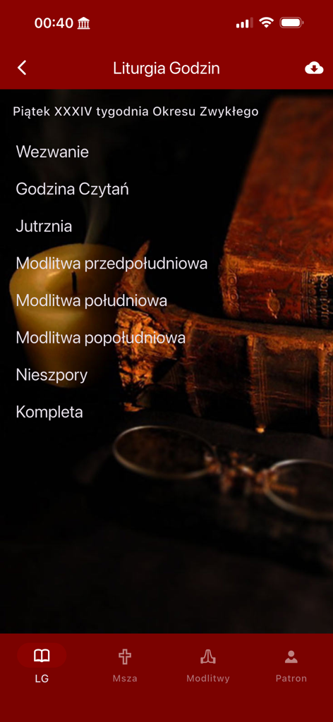 Brewiarz - Brewiarz app interface showing the Liturgy of the Hours prayer list in Polish