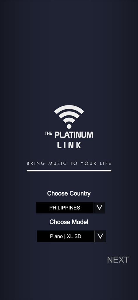 PlatinumLink - PlatinumLink 앱 설정 화면으로 국가 및 기기 모델 선택 옵션이 표시됩니다.