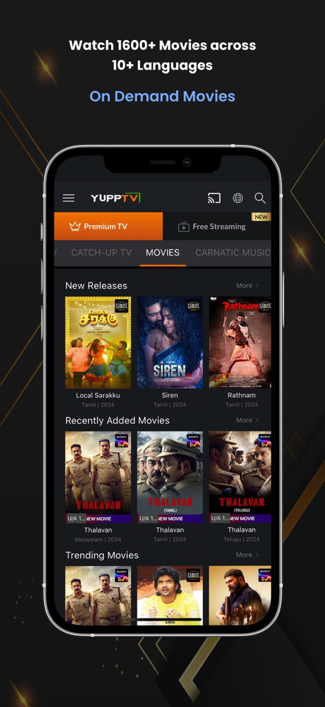 YuppTV - Live TV & Movies - Screenshot of YuppTV app displaying a library of Indian movies in various regional languages