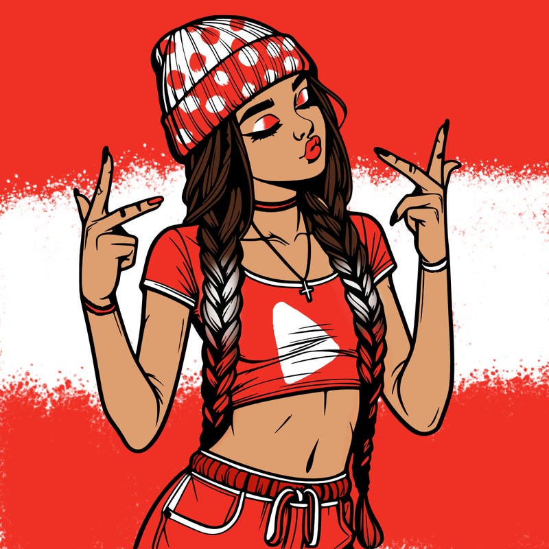 realistic teenage girl with braids and a beanie and crop top doing 🫶🏼