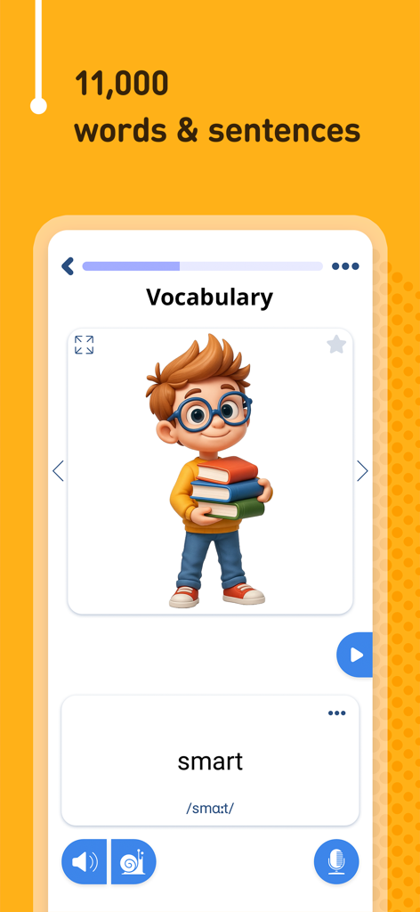 FunEasyLearn - Learn Languages - Interfaz de aprendizaje de vocabulario de FunEasyLearn mostrando la palabra 'smart' con una ilustración de un niño cargando libros