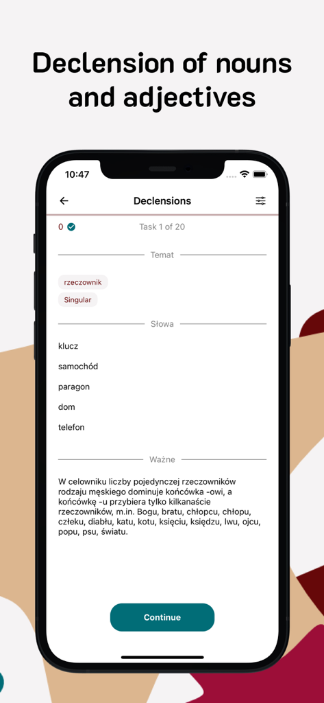 App interface showing a lesson on Polish noun and adjective declensions with a detailed grammar explanation.