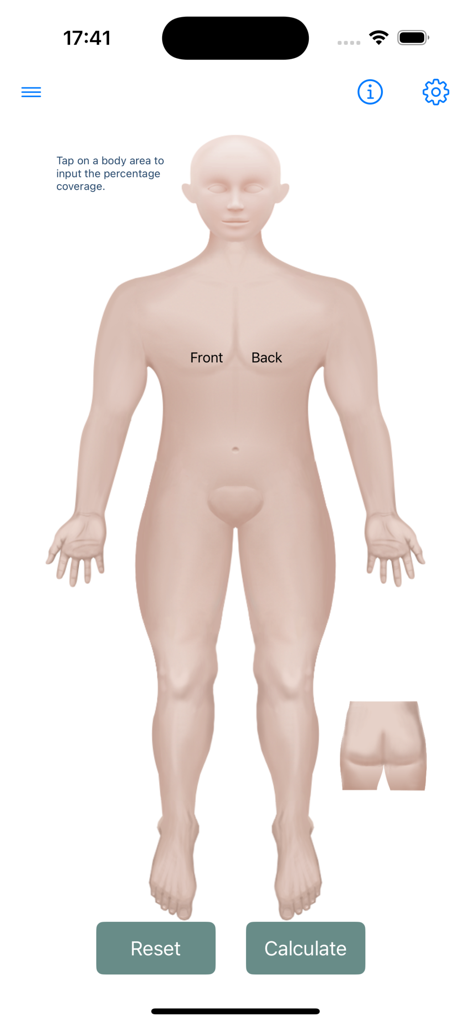 Cutaneous Lymphoma Tools - Human mannequin diagram for inputting skin coverage in the mSWAT calculator