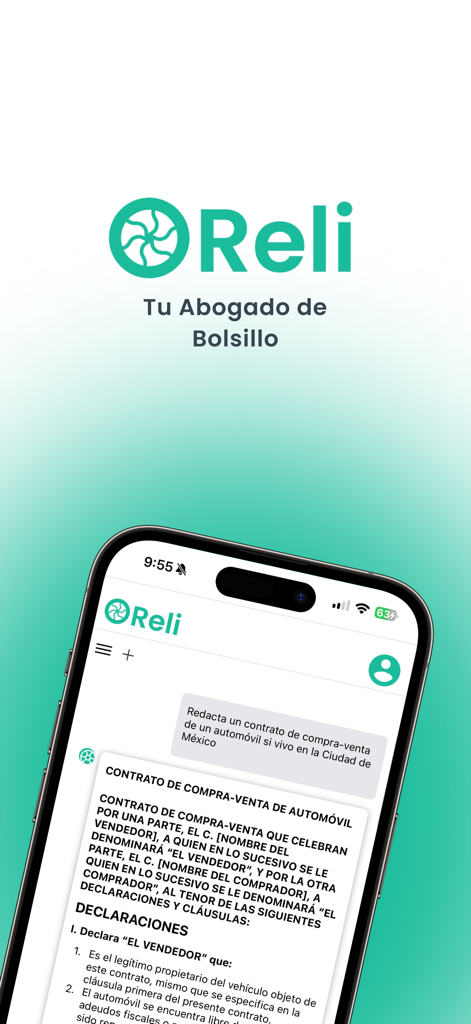 Reli - Reli AI legal assistant mobile app interface displaying a car sales contract template