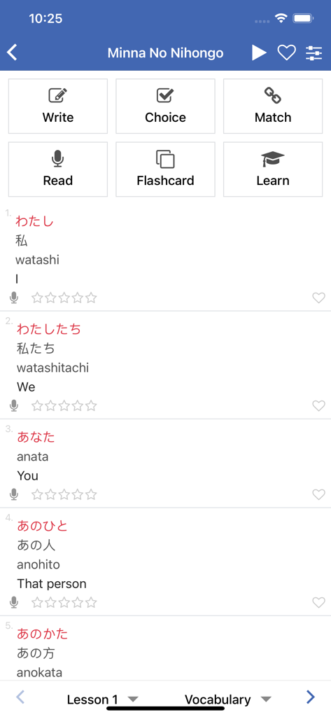 Learn Japanese - jHami - Interface of the jHami app showing Japanese vocabulary list and study modes for Minna No Nihongo Lesson 1