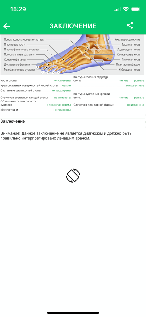 Foot anatomy diagram and medical report text in the Patient Atlas app