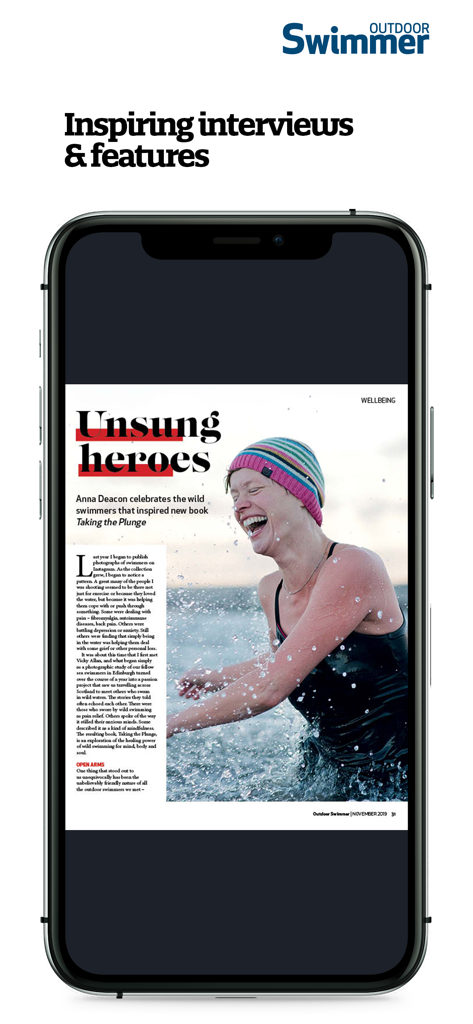 Outdoor Swimmer - A smartphone screen displaying a feature article from the Outdoor Swimmer magazine about wild swimming.