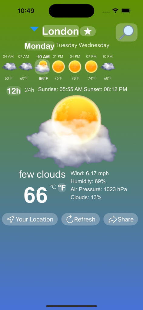 Your Weather App - Screenshot der Wetter-App mit einer Vorhersage von 19 Grad für London mit einem Sonne-Wolken-Symbol