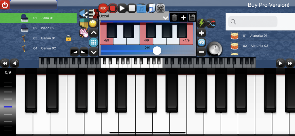동양적인 음악 스케일과 악기를 보여주는 Portable ORG 디지털 어레인저 키보드 인터페이스