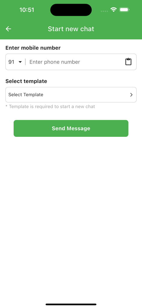 WhatsTool Business - Interface de l'application mobile WhatsTool Business pour démarrer une nouvelle conversation en entrant un numéro de mobile et en sélectionnant un modèle de message.