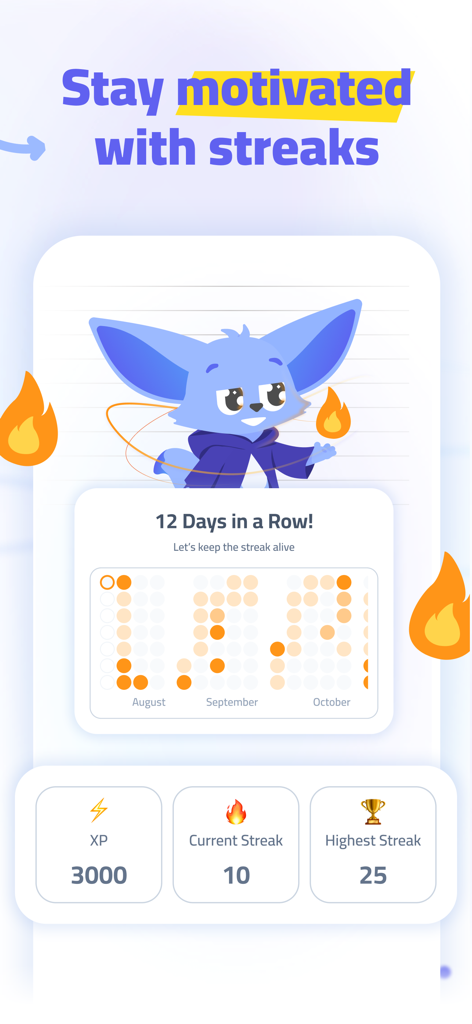 Bites: AI-Powered Studying! - Pantalla de la aplicación Bites que muestra un calendario de rachas de estudio con un personaje zorro azul y estadísticas de progreso del estudiante, incluyendo XP y rachas.