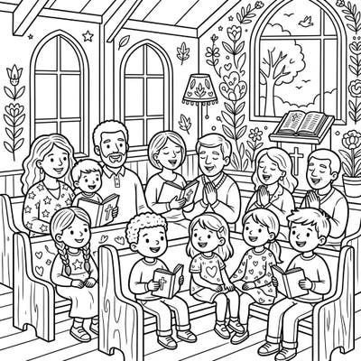 Bring faith to life with this beautiful coloring page featuring a joyful religious gathering. Kids will love coloring families and friends worshipping together in a warm church setting.