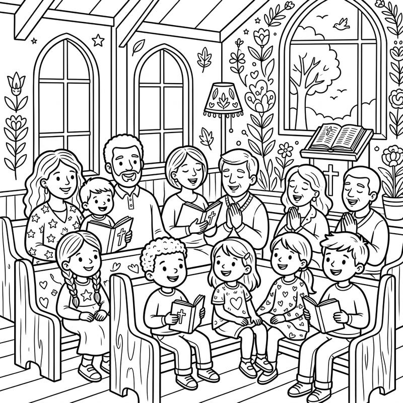 Bring faith to life with this beautiful coloring page featuring a joyful religious gathering. Kids will love coloring families and friends worshipping together in a warm church setting.