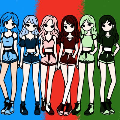 a group of girls wearing crop tops and shorts