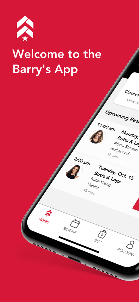 Barry’s - Ecrã principal da aplicação de fitness Barry’s com reservas de aulas futuras