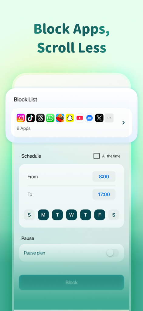 Forest app interface showing the block list and scheduling features to restrict distracting apps and reduce screen time
