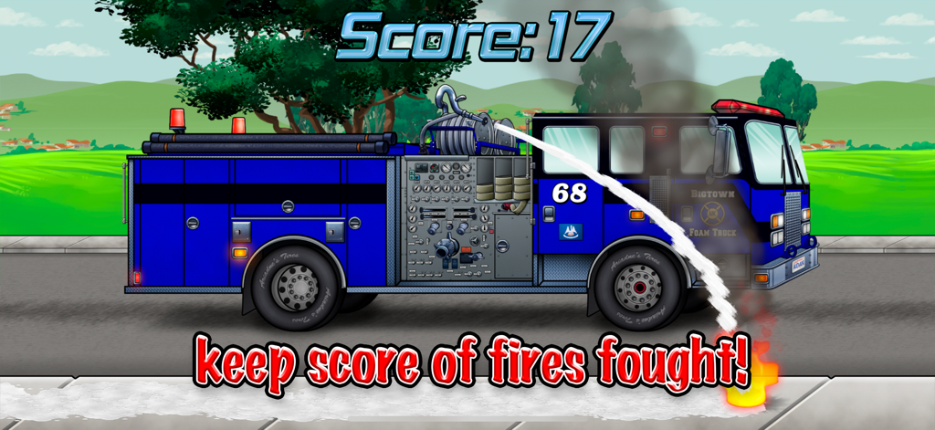 Fire Truck! - A blue fire truck in an illustrated landscape spraying water to extinguish a fire