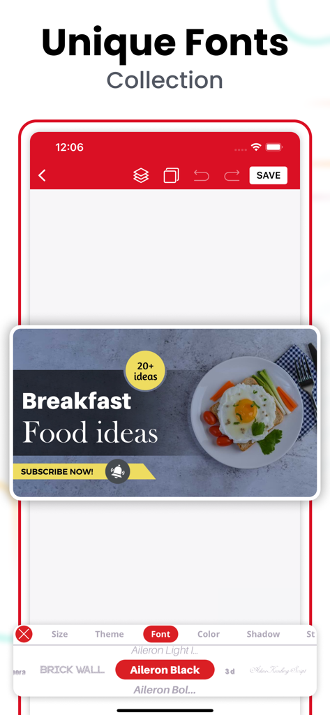 Thumbnail Maker, Banner Maker - Mobile app interface for Thumbnail Maker showing a variety of unique fonts used for creating a food-themed YouTube thumbnail.