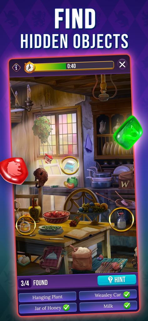 Harry Potter Puzzles and Spells hidden object gameplay mode showing a magical kitchen scene