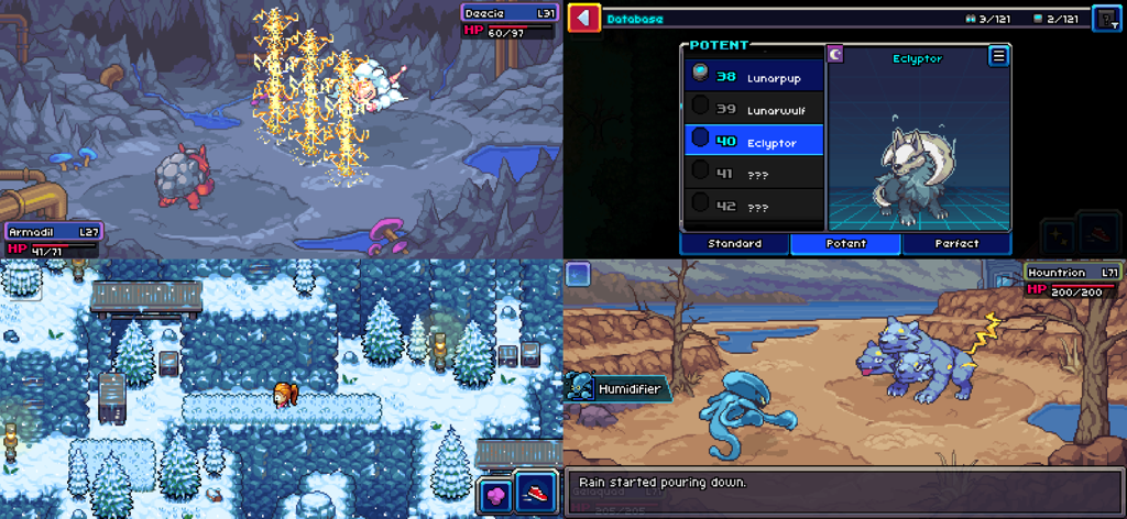 Collage of Coromon gameplay showing pixel art battles exploration and the creature database