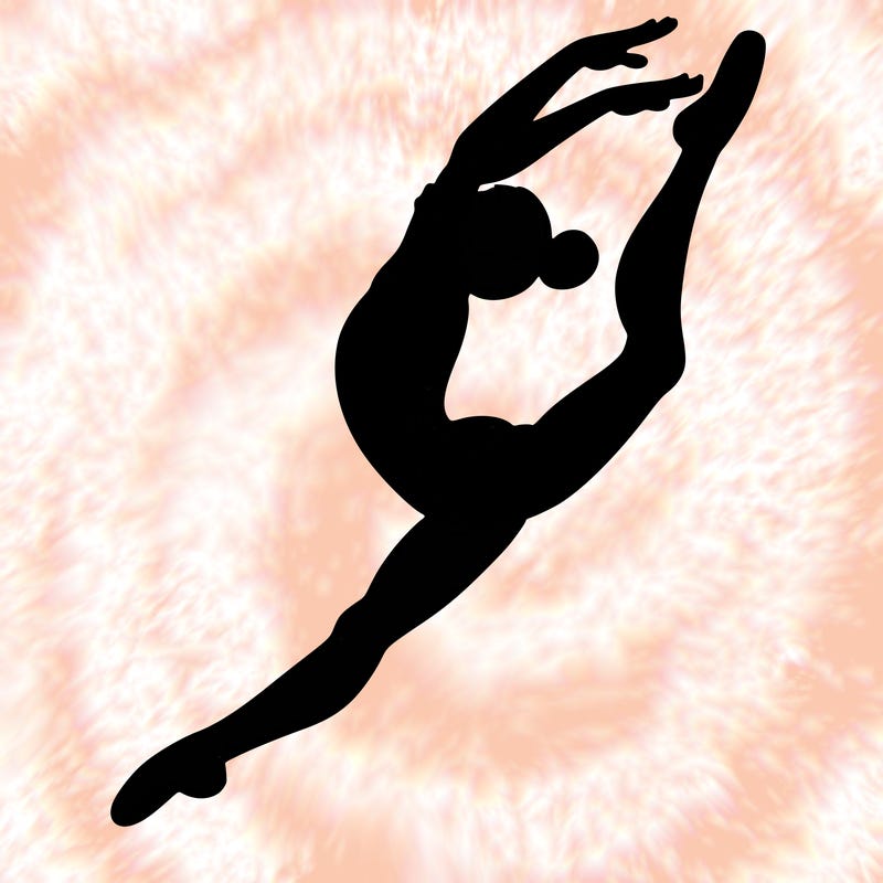 gymnast doing a leap in a leotard with a bent back leg