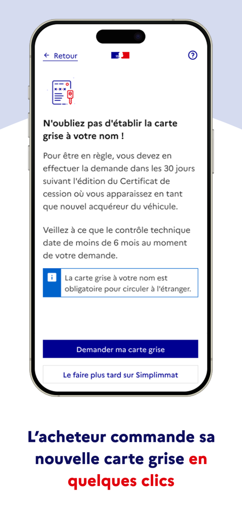 Simplimmat - Simplimmat mobile application screen for French vehicle registration document request