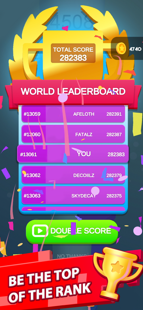Tabla de clasificación mundial de Helix Jump mostrando puntuaciones y clasificaciones globales de jugadores.