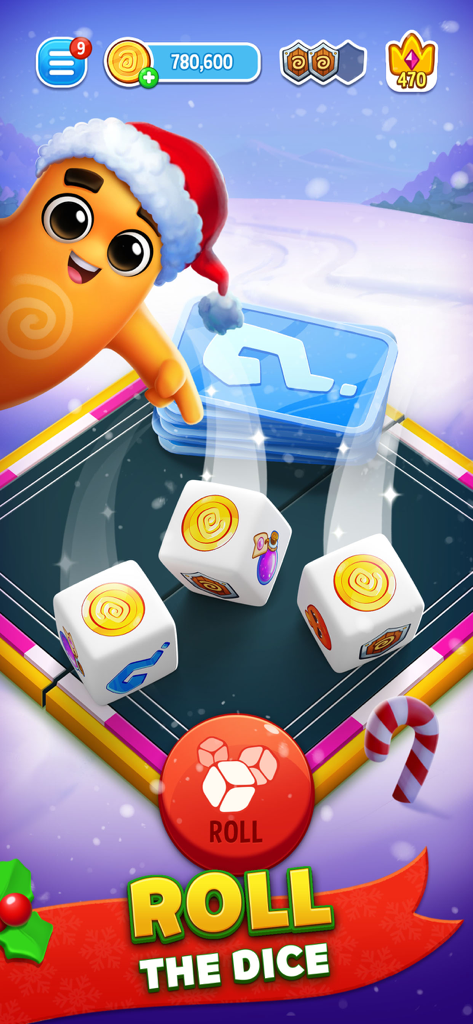 Dice Dreams game character wearing a Santa hat and rolling three dice on a board