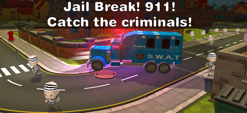 Police Car Race Chase Sim 911 - Camión SWAT azul persiguiendo a criminales de dibujos animados en una calle de la ciudad en un modo de juego de fuga de la cárcel.