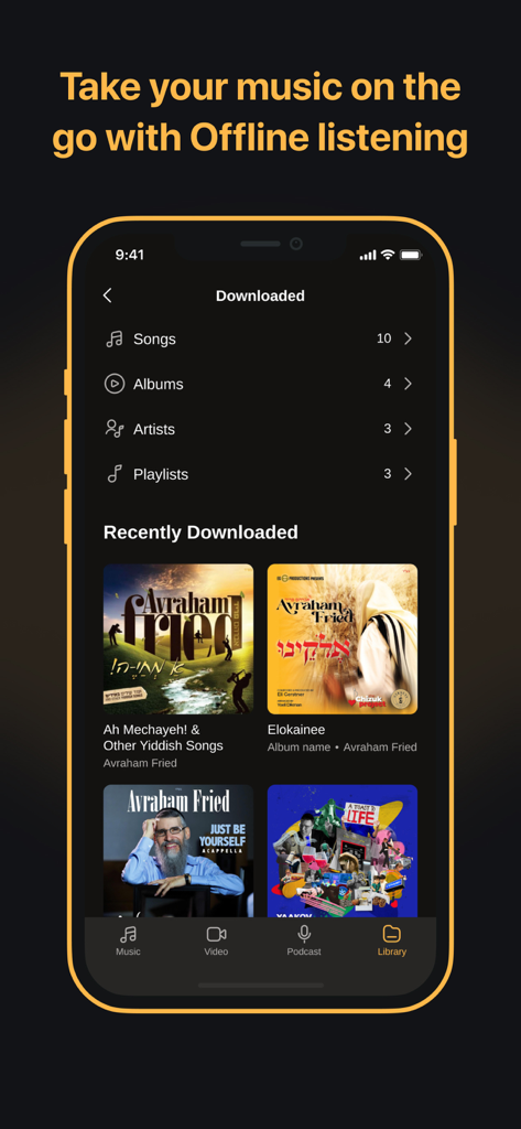 Interface of the 24Six app showing the offline music library with downloaded Jewish songs and albums.