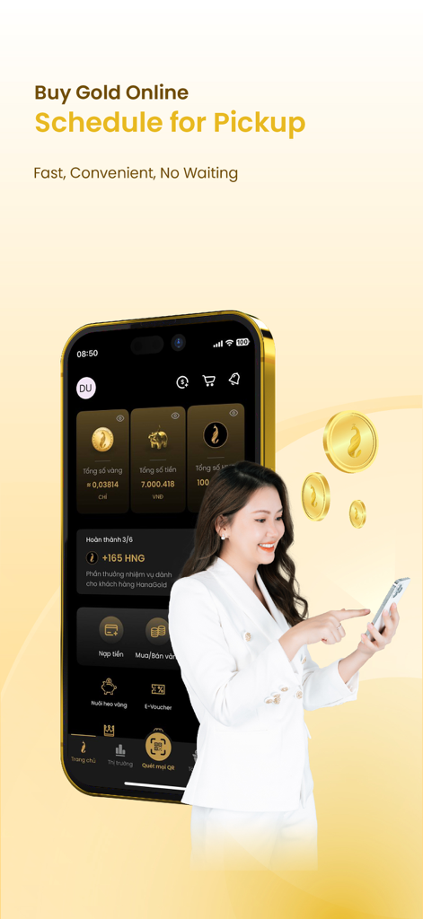 HanaGold - Buy Gold Online 24H - Une femme utilisant l'application mobile HanaGold pour acheter de l'or et planifier un retrait physique.